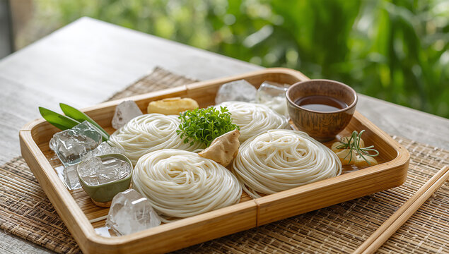 竹ざるに冷たいそうめんと薬味が涼しげに盛られた商品写真