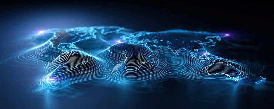 A glowing blue abstract world map graphic made of digital contour lines and network nodes on a dark background.