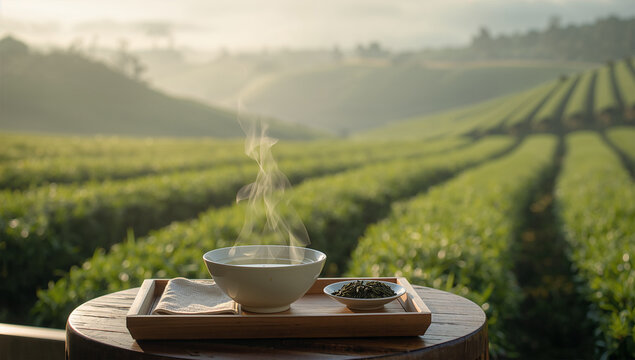 茶畑を背景に湯気の立つ緑茶が木の台に置かれた商品写真