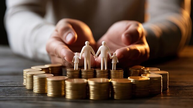 Family financial protection and savings concept with plastic figures on gold coins protected by hands