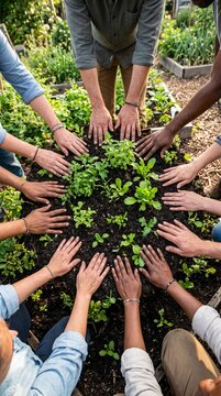 Ecology Day : A diverse group of people's hands reaching together around a small plant growing in soil. This image signifies growth, community, and shared effort in cultivating something new.