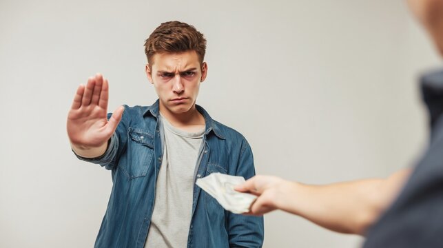 Young man refusing bribe, making stop gesture, rejecting illegal money offer, demonstrating integrity, honesty, and business ethics, avoiding corruption and illegal practices