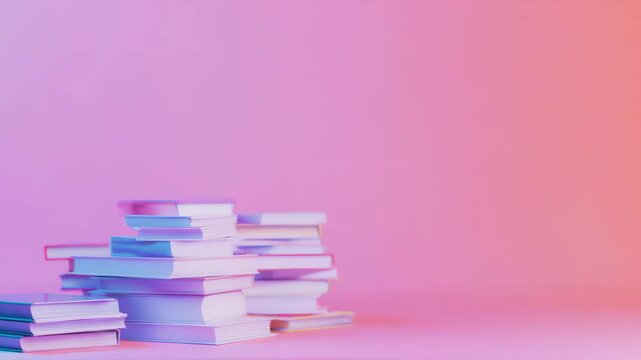 Stack of books on pink background for education concept, back to school, and learning resources