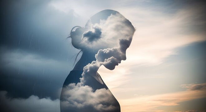 Double exposure of a woman's profile superimposed with a dramatic sky filled with swirling clouds, evoking introspection and emotional depth.