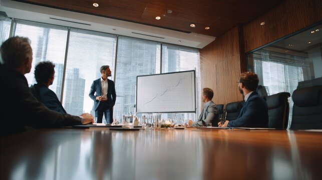 Business professionals meeting in modern boardroom with glass walls.