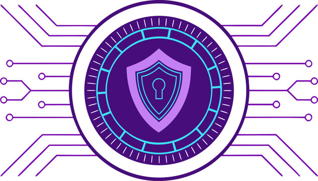 Shield with binary code and circuit patterns in purple and cyan against dark background