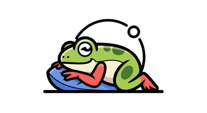 Cartoon frog relaxing on pillow