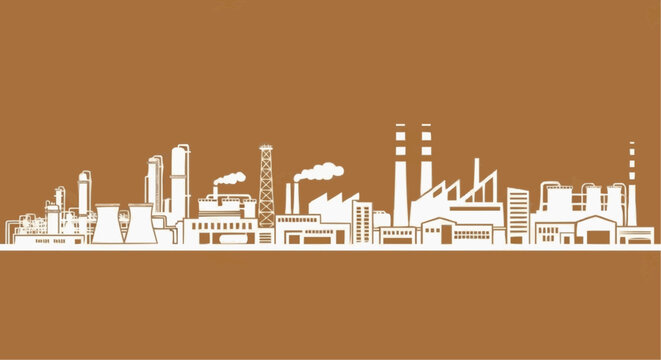 
Industrial landscape, silhouettes of factory buildings. Includes cooling towers, chimneys with smoke, and large pipelines, typical of refineries or production plants.