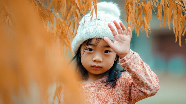 Cute Asian girl waving hello in autumn park, fall foliage background, outdoor portrait