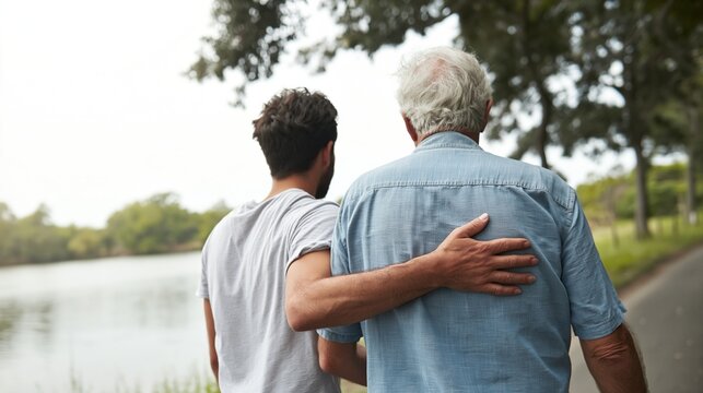Adult man with arm around senior father's back, offering support and care during an outdoor walk together by the lake, showing intergenerational bond and assisting elderly parent