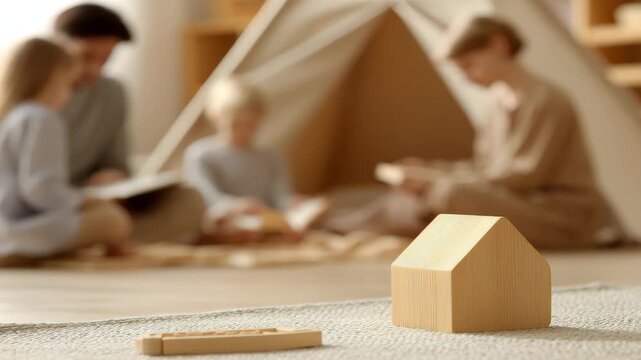 Wooden toy house with family playing in background, conceptual of home and family values