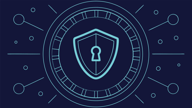 Turquoise cyber security shield with binary code and circuit patterns on dark blue background