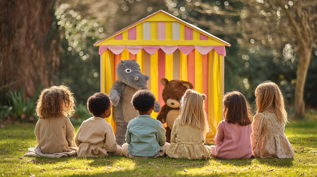 Vibrant Puppet Show: Children Enjoying Outdoor Entertainment with Colorful Puppets