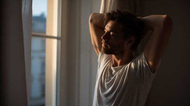 Relaxed Man Stretch beside Window as Sunlight Streams In, Reflecting Contentment and Calmness in a Warm Domestic Setting or Quiet Moment