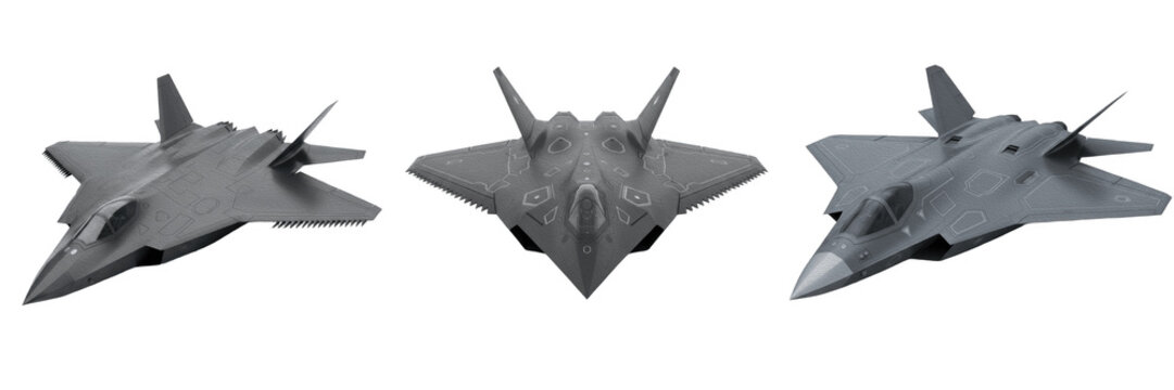 Modern Stealth Fighter Jets Set: Advanced Military Combat Aircraft for Air Defense and Aviation Concepts. High-Tech Grey Supersonic Warplanes, Isolated High-Resolution PNG Assets for Defense Industry,