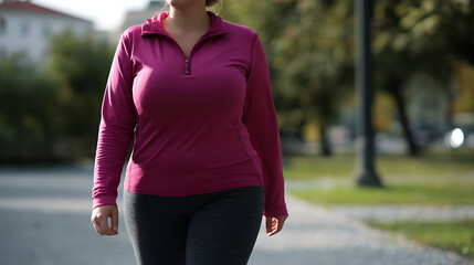 Obraz premium Confident plus size woman in athletic wear walk outdoors on sunny day, focused on health, wellness, and self-care in urban park or street