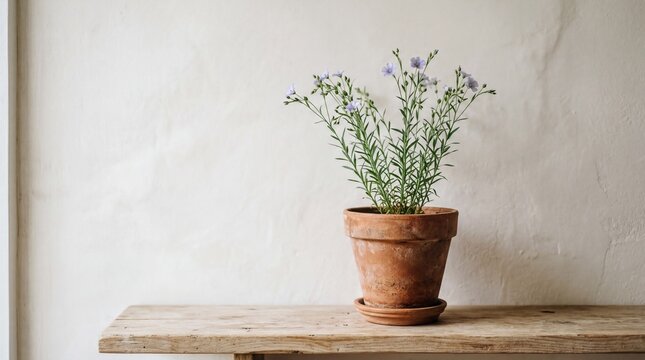 botanical aesthetics, a flax plant thrives in a simple clay pot against a soft limewash wall