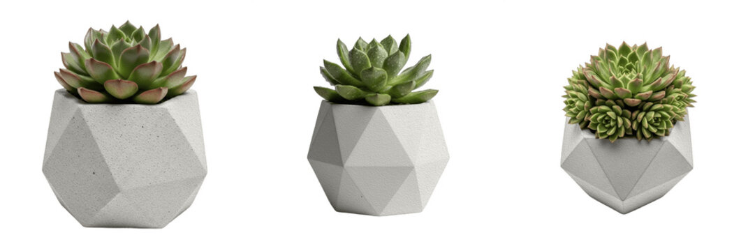 Modern Succulent Plants in Geometric Concrete Pots Set: Minimalist Green Decorative Houseplants for Home, Office, and Interior Design. Stylish Small Potted Plants, Isolated High-Resolution PNG Assets 