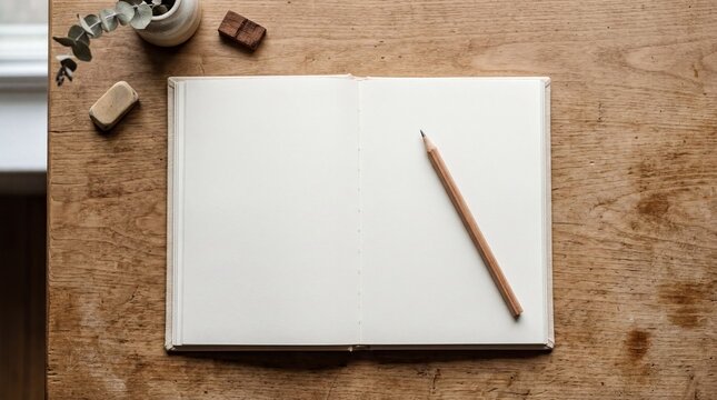 creative workspace, an open notebook lies on a flat surface with a pencil beside it