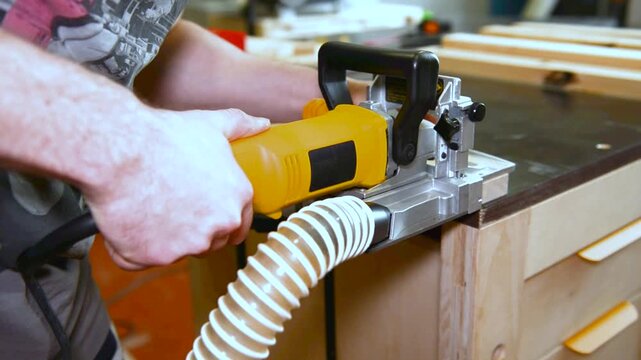 Woodwork workshop electric lamella router tool shaping wooden plank with precision and care for detailed woodworking craftsmanship