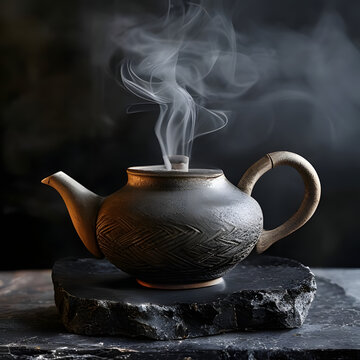 Japanese Traditional Clay Dobin Teapot on Dark Background Still Life
