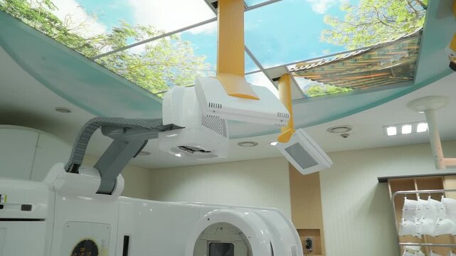 Close-up of a medical linear accelerator in therapeutic oncology.