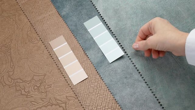 Female hands lay out a color palette on samples of textiles for furniture. The designer chooses fabric options of different colors, close-up.