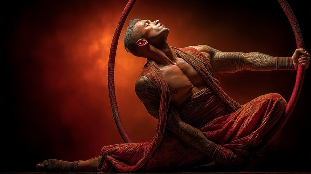Male aerialist performing with a lyra hoop, showing incredible balance and muscle definition against a striking red background, embodying artistry, skill, and power