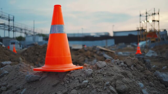 Orange traffic cone at construction site with roadwork and safety equipment in urban environment