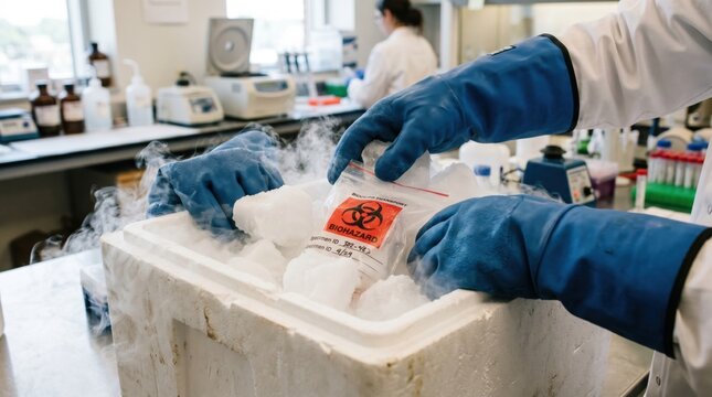 Laboratory technician packing a biohazard specimen bag into a cooler filled with dry ice