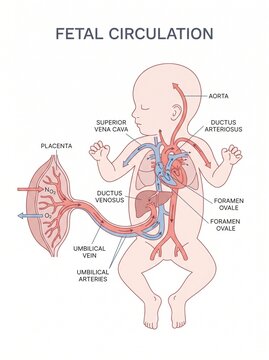 The fetal circulation system is shown in a detailed diagram of a baby.