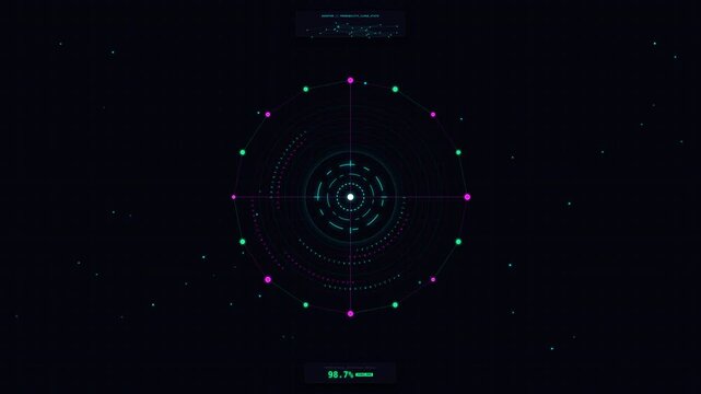 Futuristic motion animation of a digital target with concentric circles and dynamic data points in a high-tech space environment.