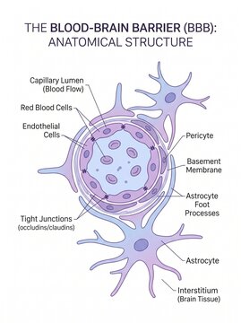 The blood-brain barrier structure consists of astrocyte foot processes and endothelial cells.