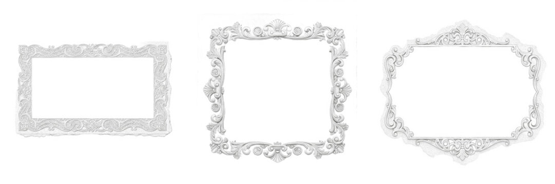 White Vintage Ornate Photo Frame PNG Set, Elegant Baroque Style Picture Frames Clipart, Isolated Decorative Silver Borders Elements for Wedding Invitation, Certificate Design, and Luxury Graphic