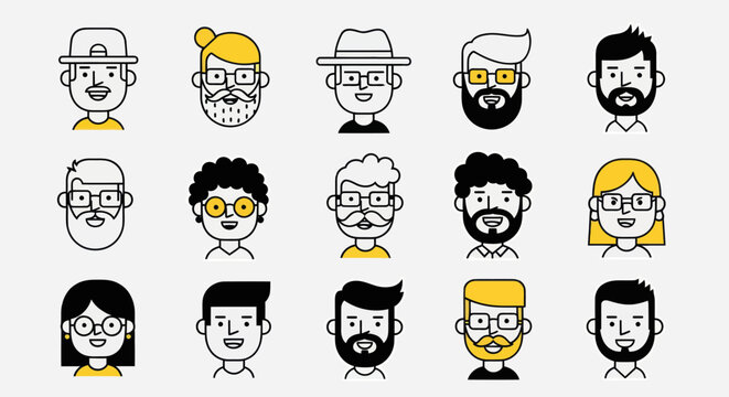Diverse illustrated character faces collection