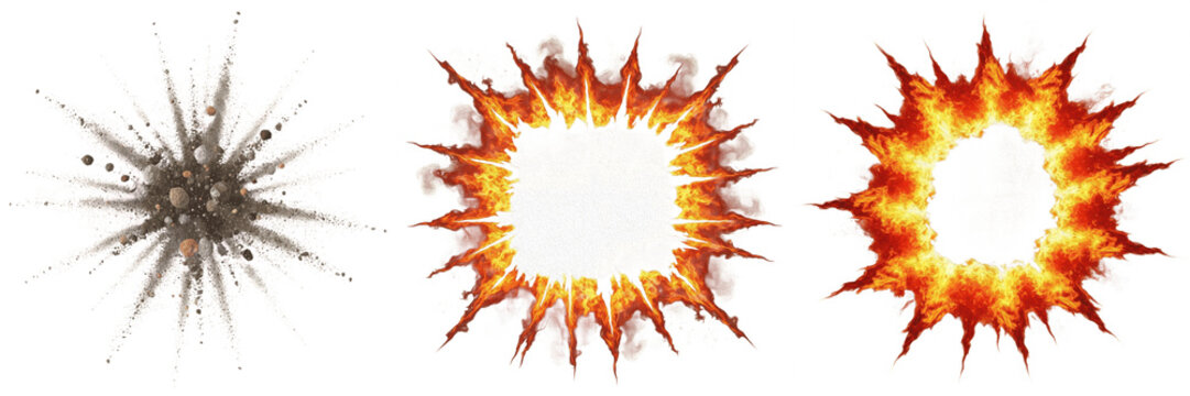 Realistic Fire Explosion and Bomb Blast PNG Set, Transparent Comic Fireball Burst Clipart, Isolated Dynamic Smoke and Flame Sparks Elements for Action Games, Special Effects, and Graphic Design