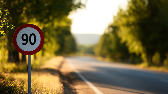 Speed limit sign for 90 kilometers per hour on a rural road with green trees, bright sunlight and clear sky at golden hour