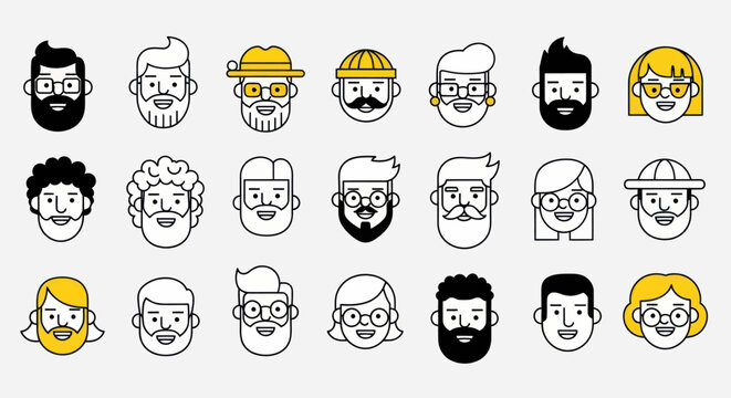 Diverse illustrated faces and facial expressions