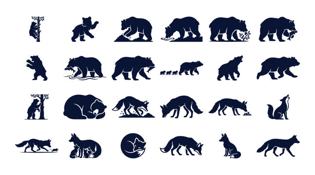 Bear and fox silhouette icons wildlife vector collection for nature life