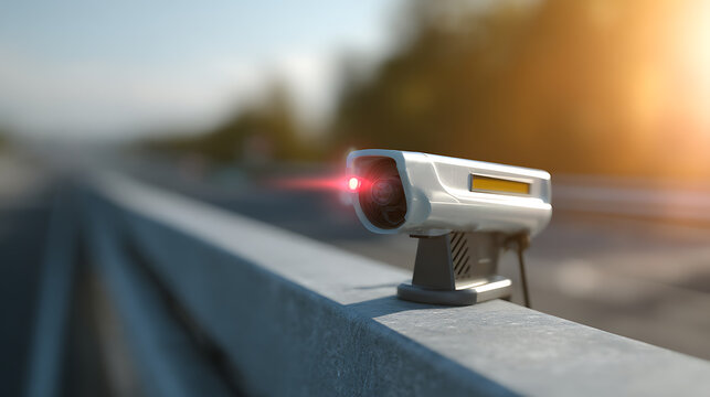 Roadside traffic surveillance device with bright red laser beam monitor speed on highway, auto control and security concept, summer sunny day