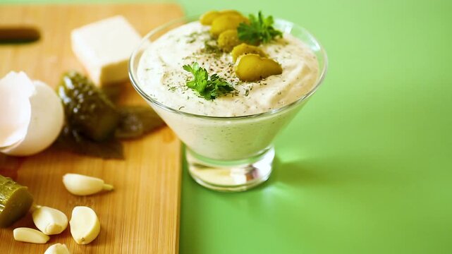 Fresh homemade dip with pickles garlic and parsley garnish