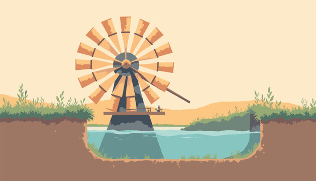 Windpowered scoop wheel marsh drainage dyke cross section