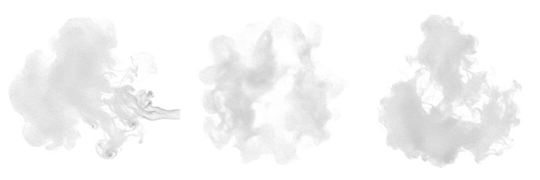 Realistic White Smoke and Fog Clouds PNG Set, Transparent Vapor or Steam Puffs Clipart, Isolated Dynamic Smoke Wisps Elements for Atmospheric Graphic Design and Photo Effects