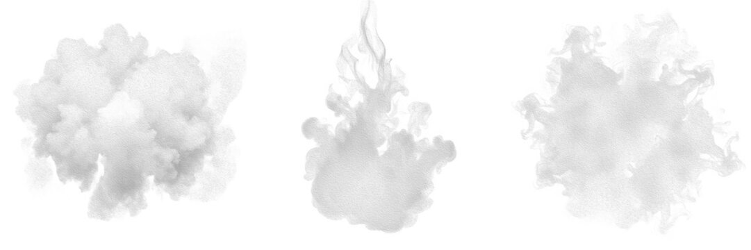 Abstract White Smoke Clouds and Ink Explosion PNG Set - Realistic Fog Burst, Steam Puff, and Atmospheric Mist Splatter Shapes Isolated on Transparent Background for Creative Graphic Design Overlays