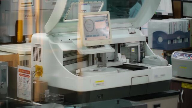 Automated robotic pipetting system precisely dispenses blue liquid into vials in a sterile lab.