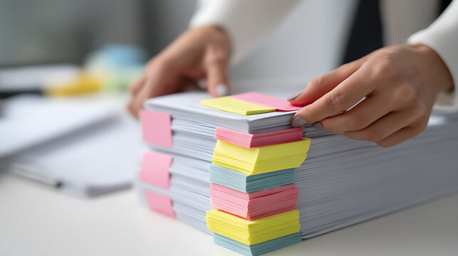 Close up of person organize large stack of documents, papers on desk with colorful sticky notes, managing, sorting files in office for business