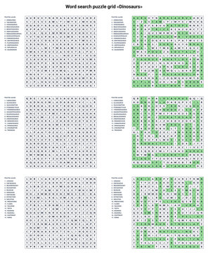 Word seek puzzle sheet &laquo;Dinosaurs&raquo; with solution, set of 3 puzzles, engaging and fun educational activity