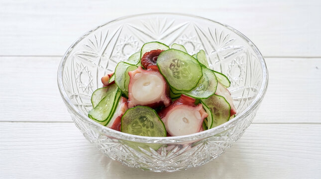 白い木目背景に映える、夏の食卓にぴったりなタコときゅうりの三杯酢和え