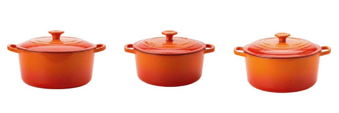 Cast Iron Dutch Oven PNG Set, Orange Enameled Pot with Lid Isolated on White Background for Professional Culinary Projects, Food Blogging, Cooking Recipes, Kitchenware Branding, and Home Meal Preparat