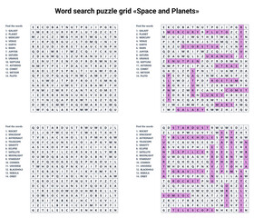 Word seek puzzle sheet «Space and Planets» with solution, set of 2 puzzles, engaging and fun educational activity © Irina